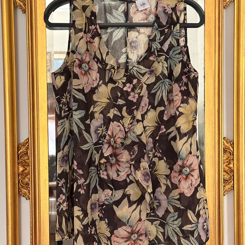 CAbi “Osaka Night” Multicolor Floral Sleeveless Blouse w/Ruffle V-Neck